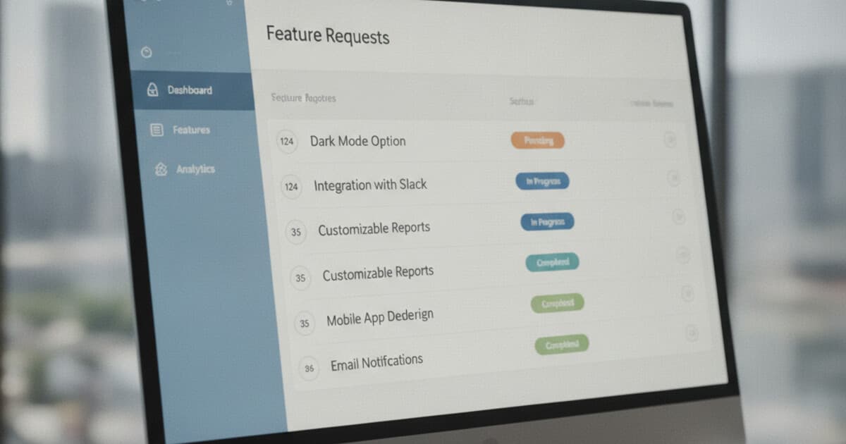 A product dashboard showing feature requests with status labels and vote counts