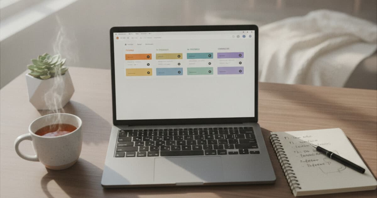 Feature request management dashboard on a laptop showing requests organized by status labels, clean minimal developer workspace