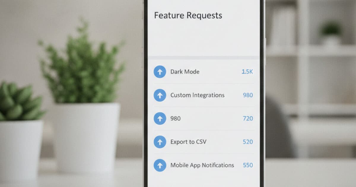 Mobile app feature request voting panel showing ranked user requests with upvote buttons and vote counts