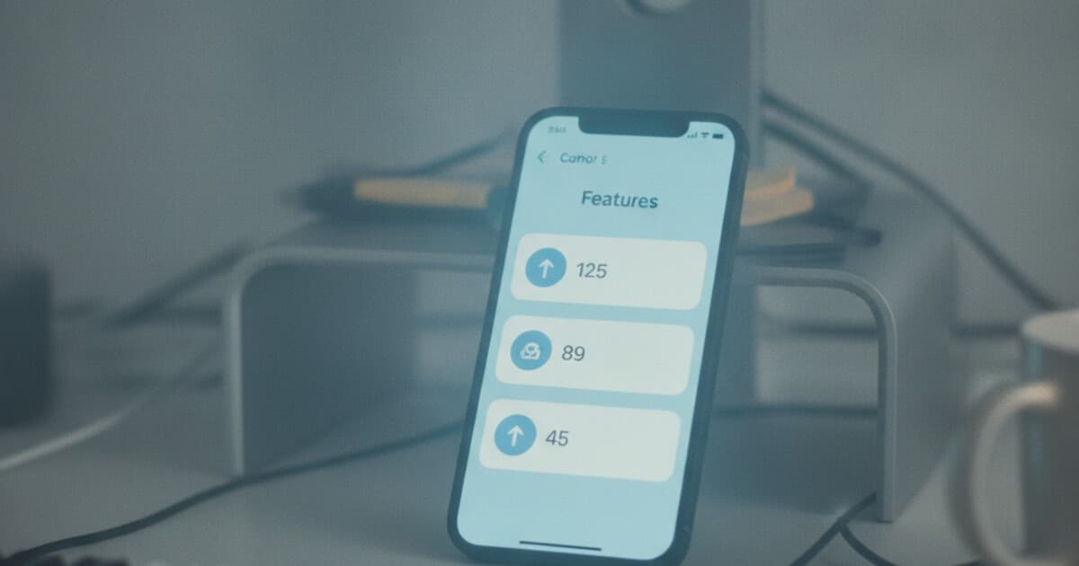 Mobile app screen showing a feature voting panel with ranked feature requests, upvote buttons, and vote count badges in a clean flat design