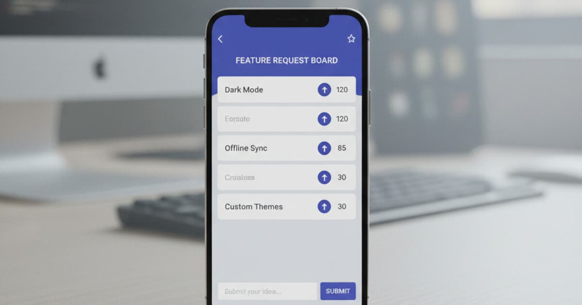 Flutter mobile app showing a feature request board widget with voting buttons and a submit form, indigo color scheme
