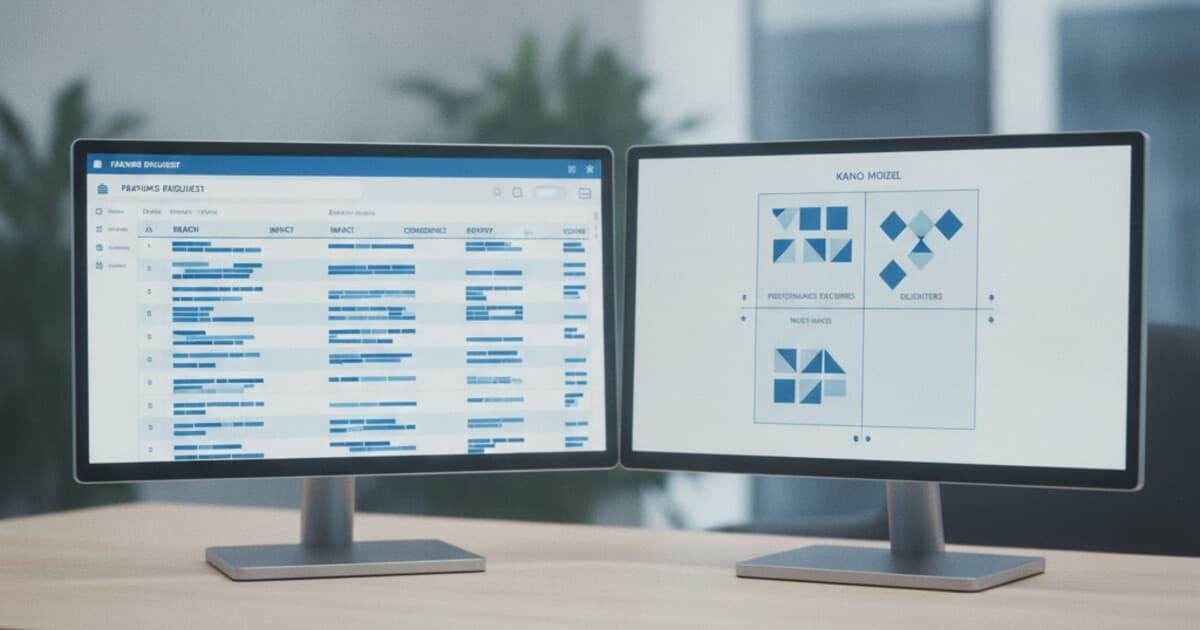 RICE scoring spreadsheet and Kano model quadrant diagram side by side on a clean developer workspace