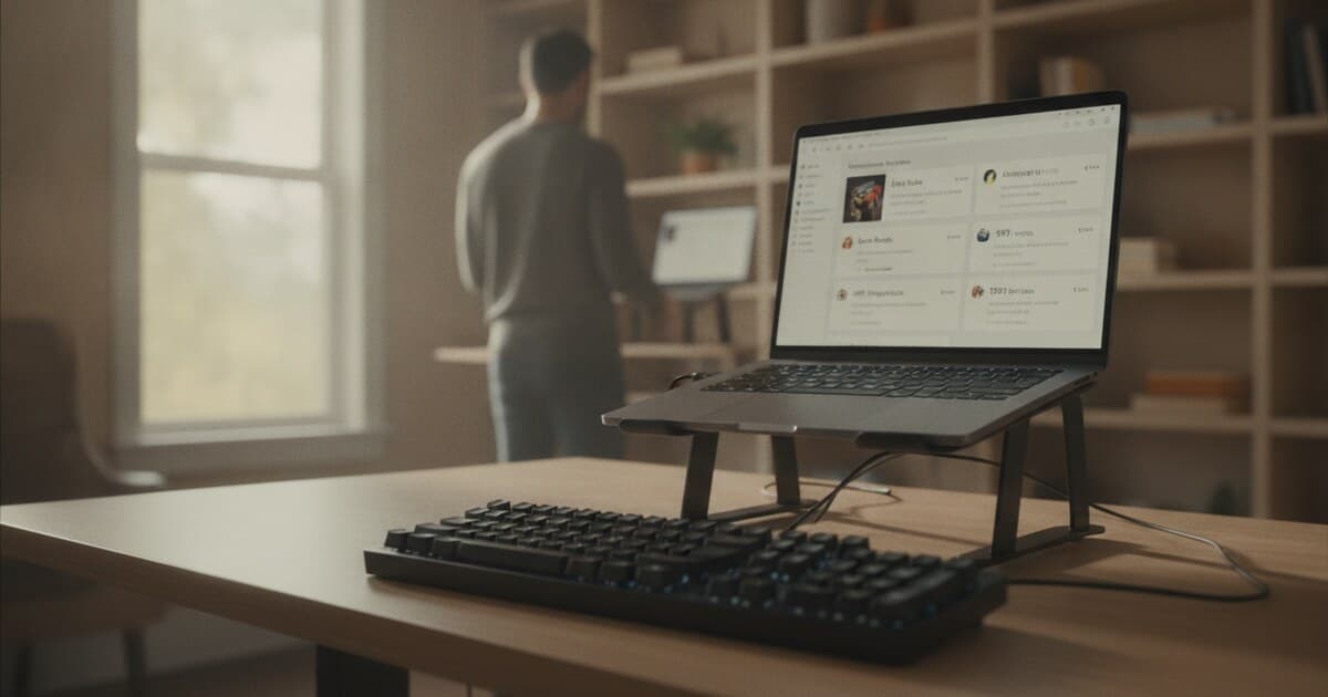 Software developer at a standing desk reviewing a product feedback dashboard showing feature request cards and vote counts