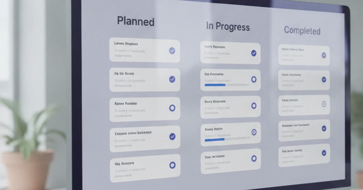 A product roadmap board showing feature request cards organized by status columns