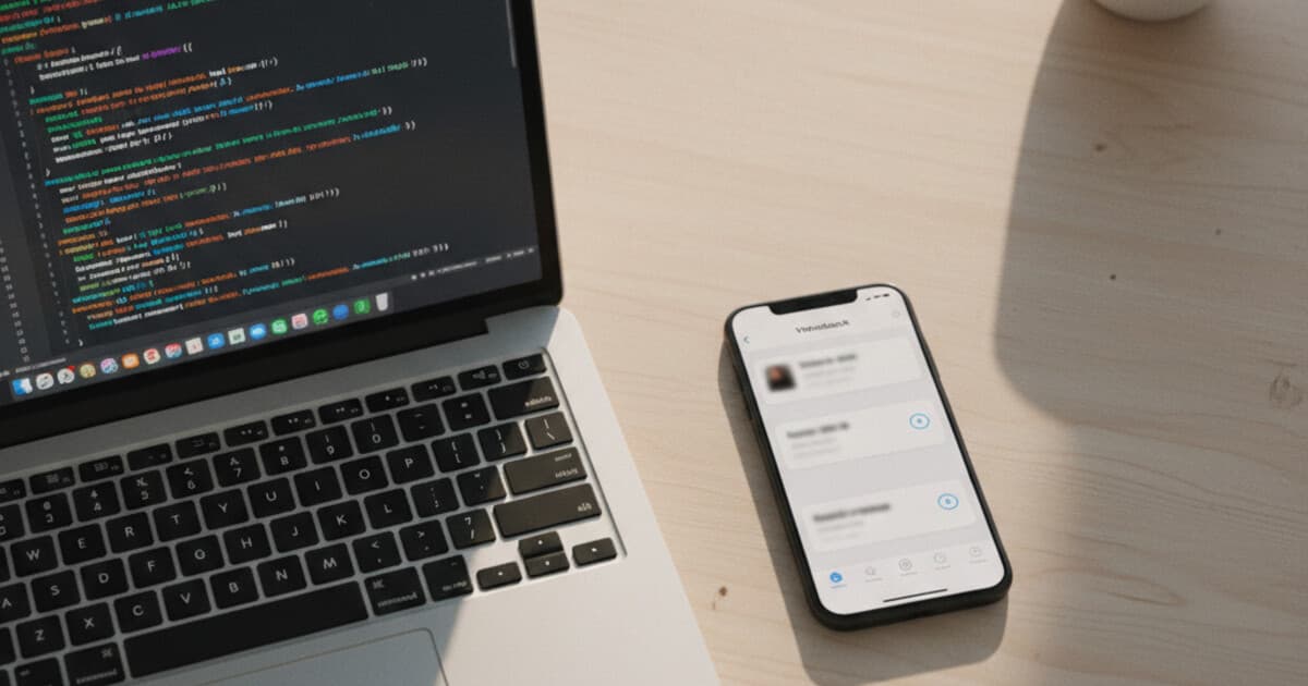 Developer's desk with a laptop showing Flutter code and a phone displaying an in-app feedback board