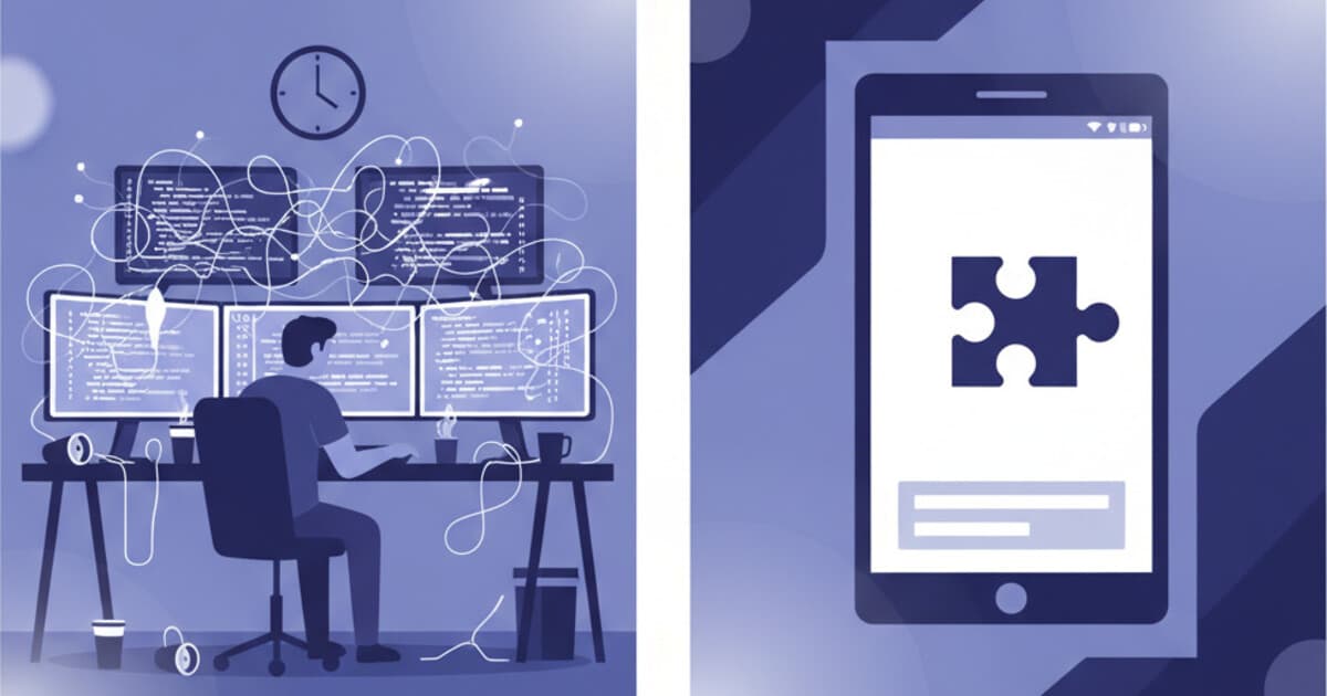 Split illustration showing a developer coding custom software on the left and a clean plug-in widget interface on the right