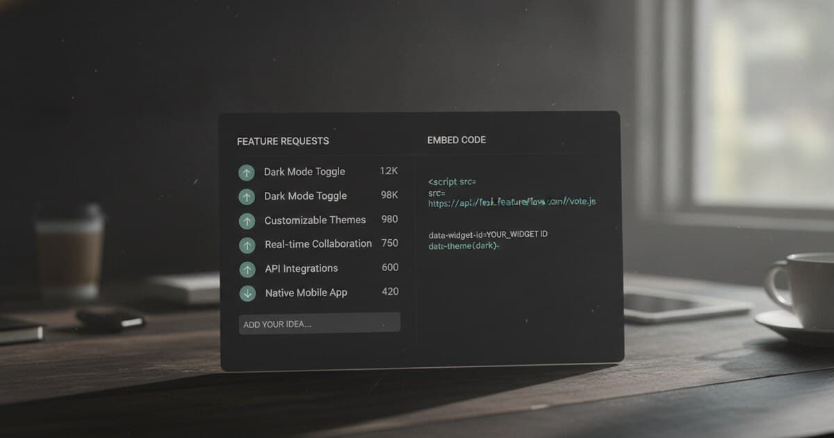 Feature voting widget UI showing upvote buttons and a script tag embed code