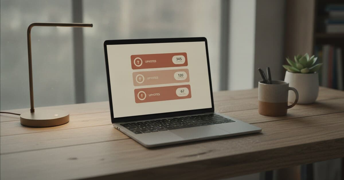 Developer at a minimal home office desk with a laptop showing a feature voting dashboard with upvote counts, warm desk lamp light, clean tech aesthetic