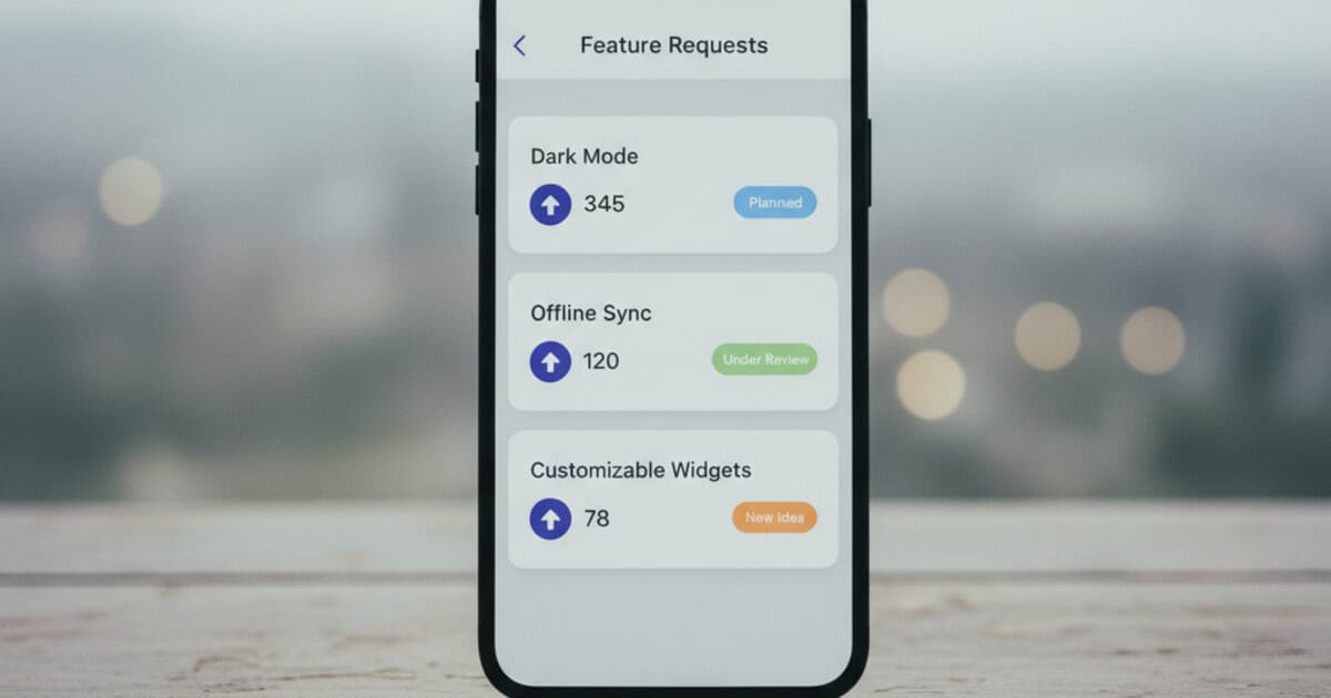 Flutter app showing a feature request list with voting buttons inside a mobile UI