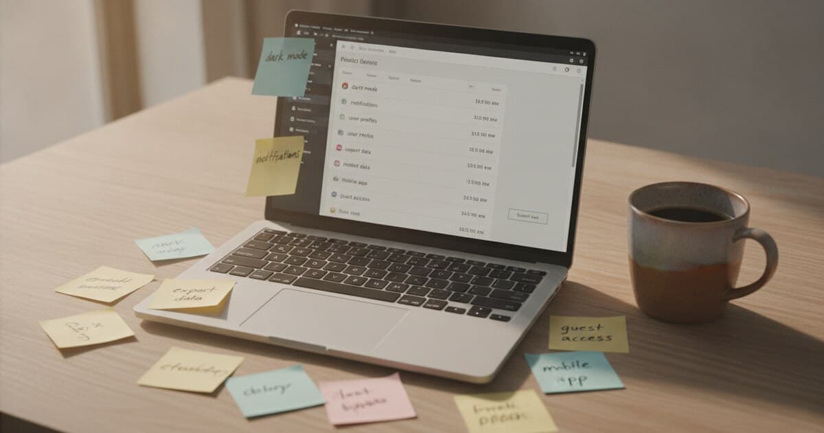 Laptop on a wooden desk showing a feature voting dashboard, surrounded by handwritten feature request sticky notes