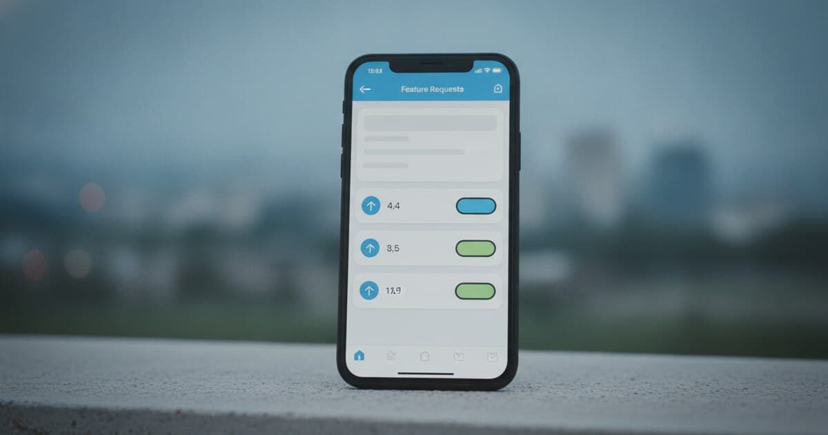 Flutter feature request widget interface showing upvote buttons and a feature list on a smartphone screen