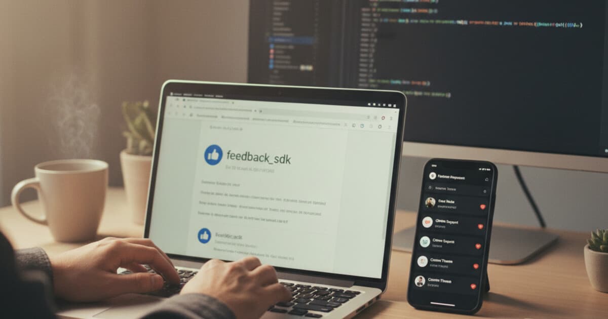 Flutter developer reviewing pub.dev feedback packages on a laptop with a mobile phone showing an in-app feature request screen