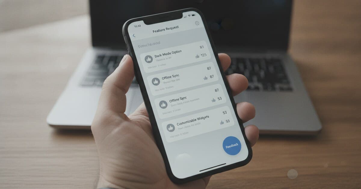 Developer holding a smartphone displaying a feature request voting board with a floating feedback button