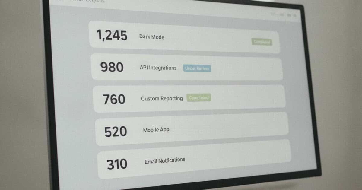 Feature request board showing upvoted ideas with status workflow tags