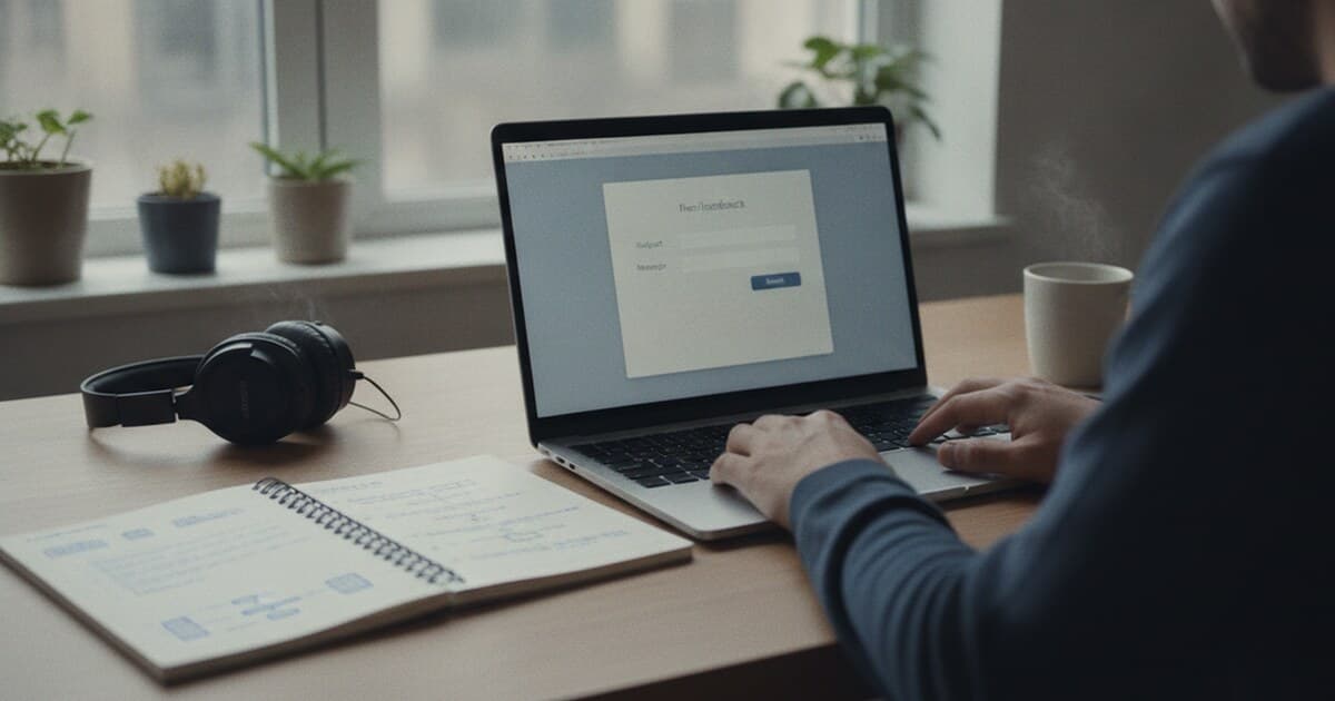 Developer writing a structured feature request in an app feedback widget on a laptop