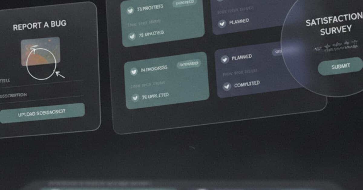 Three in-app widget UI states — feature request board, bug report form, and satisfaction survey — floating above a mobile phone screen