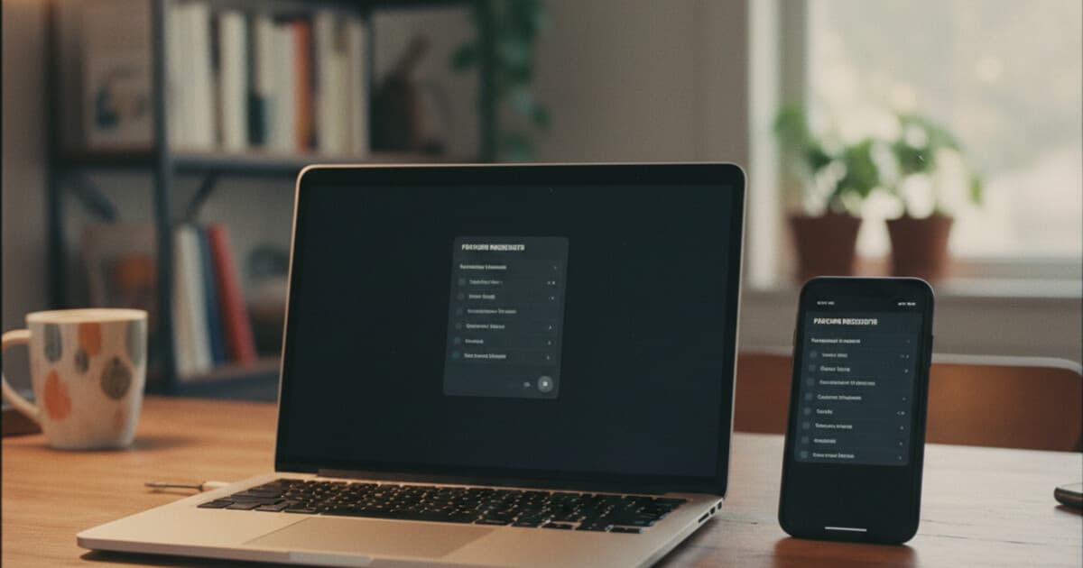 Developer's desk with laptop showing a Flutter app and feature request interface