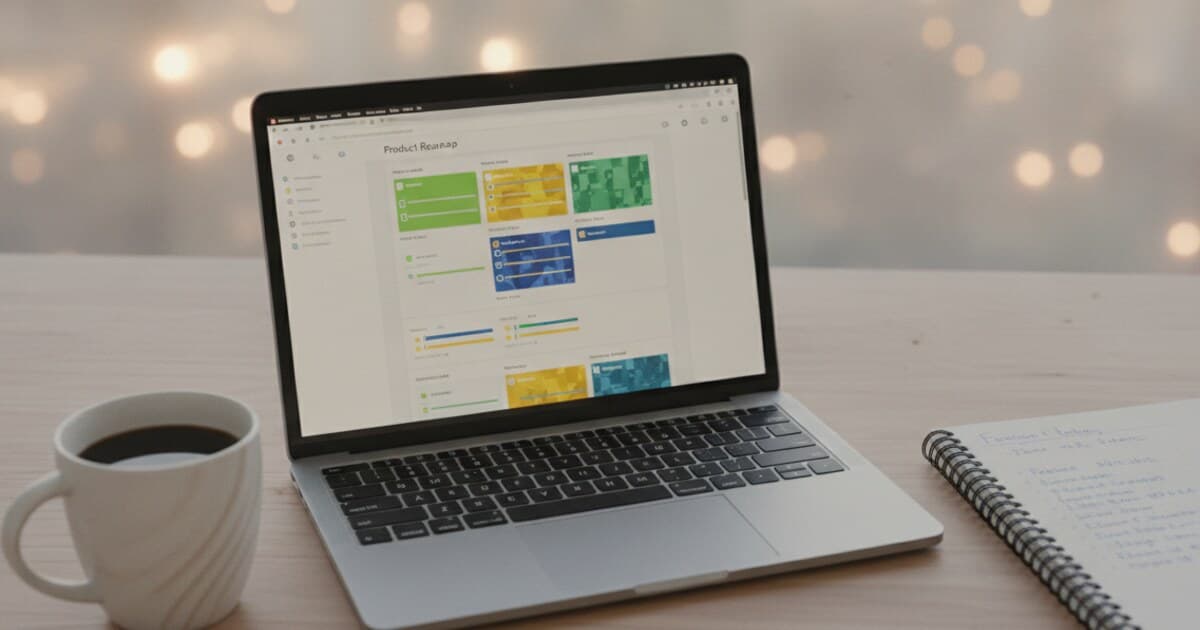 Developer reviewing product roadmap and feature request tools on a laptop screen
