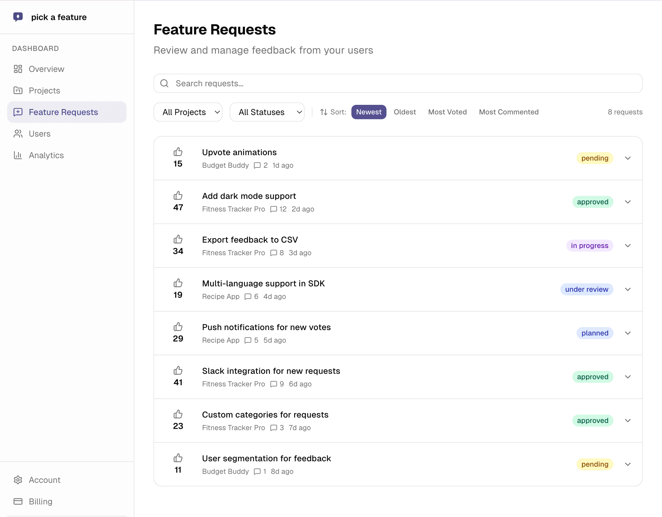 pick a feature dashboard - manage feature requests from your users